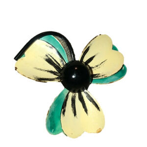 VTG Green White Black Painted Metal Flower Brooch Gold Tone Back 2”